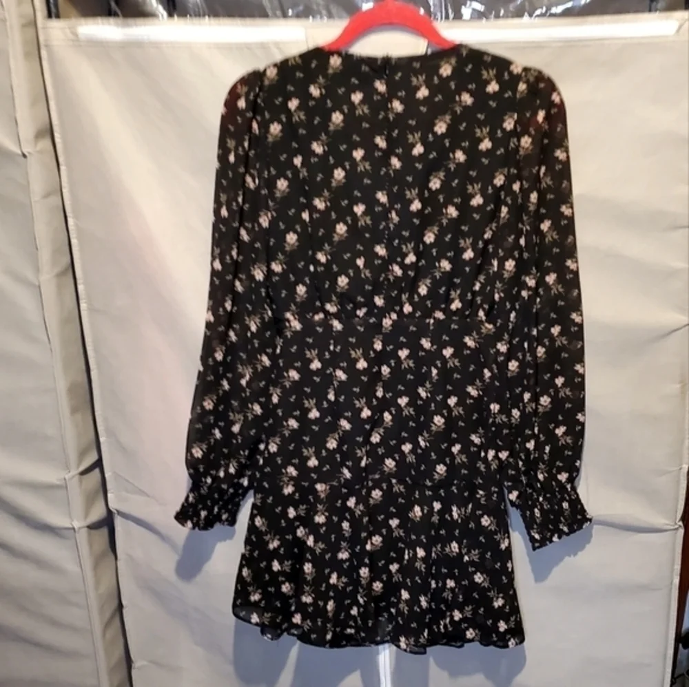 Farrow‎ Black Lined Floral Cocktail Ruching Mini Dress Small NWOT